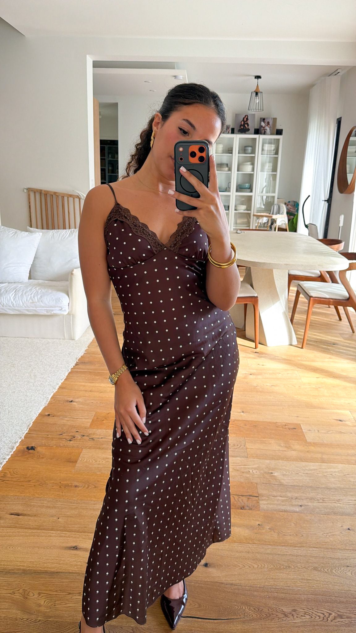 Robe longue à pois marron