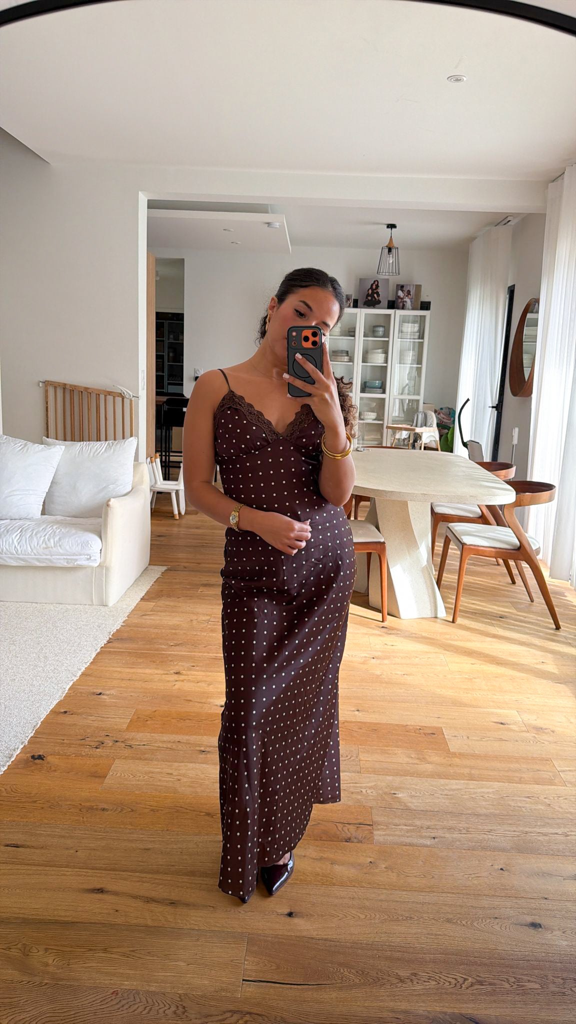 Robe longue à pois marron